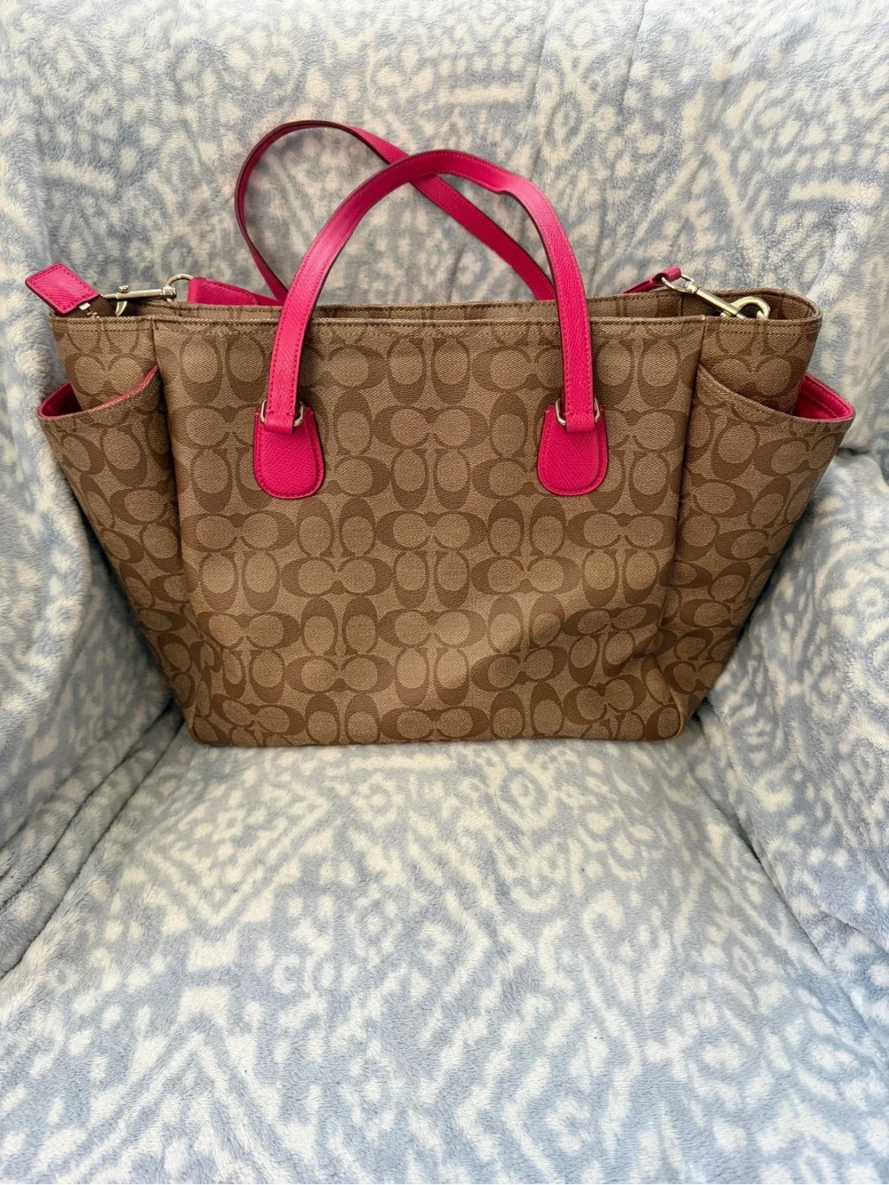 Coach Brown Signature Canvas Tote with Pink Trim and Straps